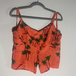 Collectif crop button up palm tree tank orange